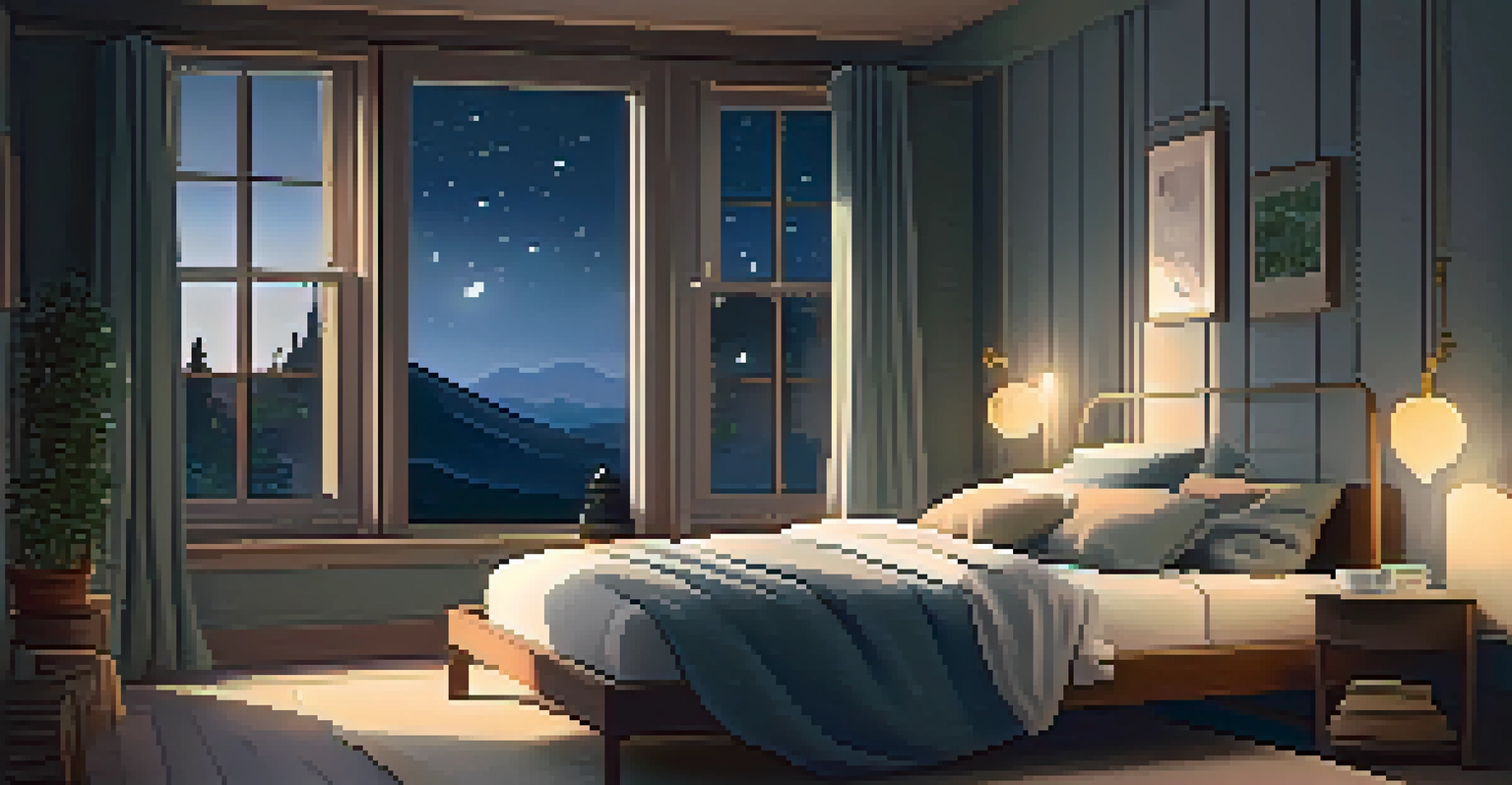 A cozy bedroom with a neatly made bed, warm lighting, and a view of a starry night sky.