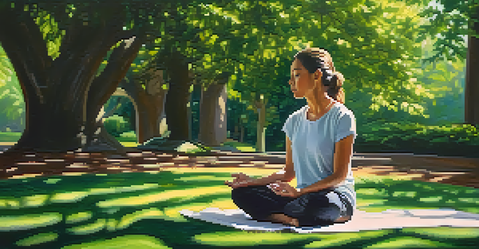 A person meditating in a peaceful park surrounded by greenery.