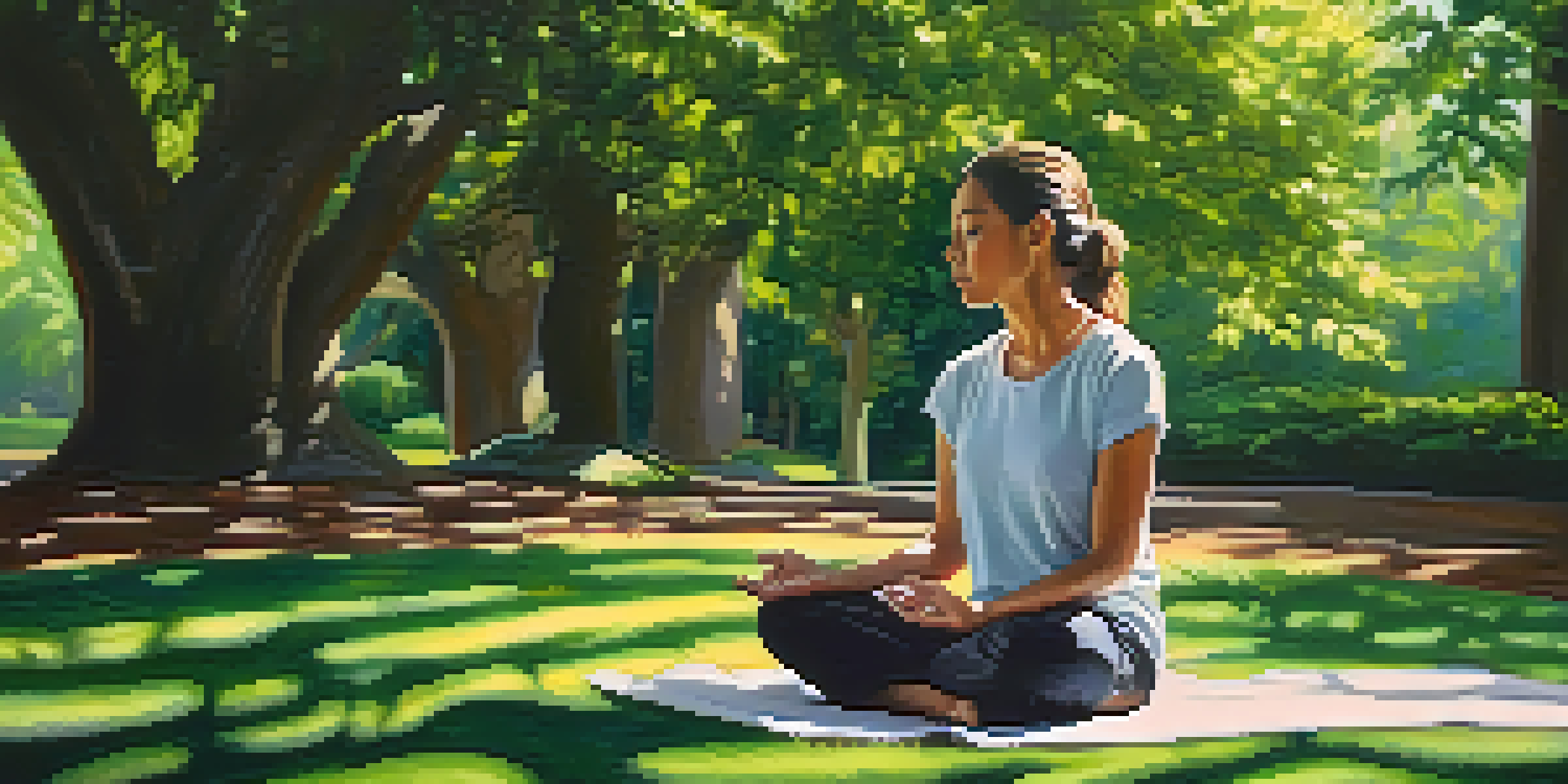 A person meditating in a peaceful park surrounded by greenery.