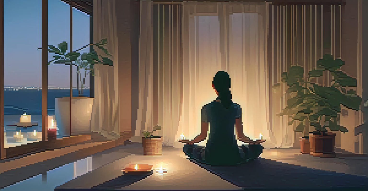 A person meditating in a cozy dimly lit room with candles, creating a calming pre-sleep environment.