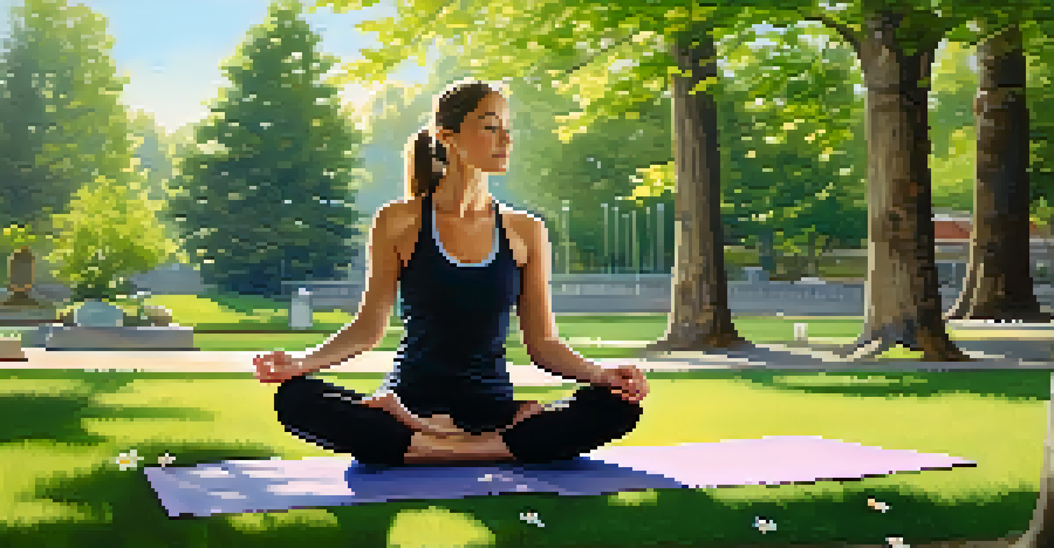 A woman drinking water while sitting on a yoga mat in a sunlit park, surrounded by flowers and grass.