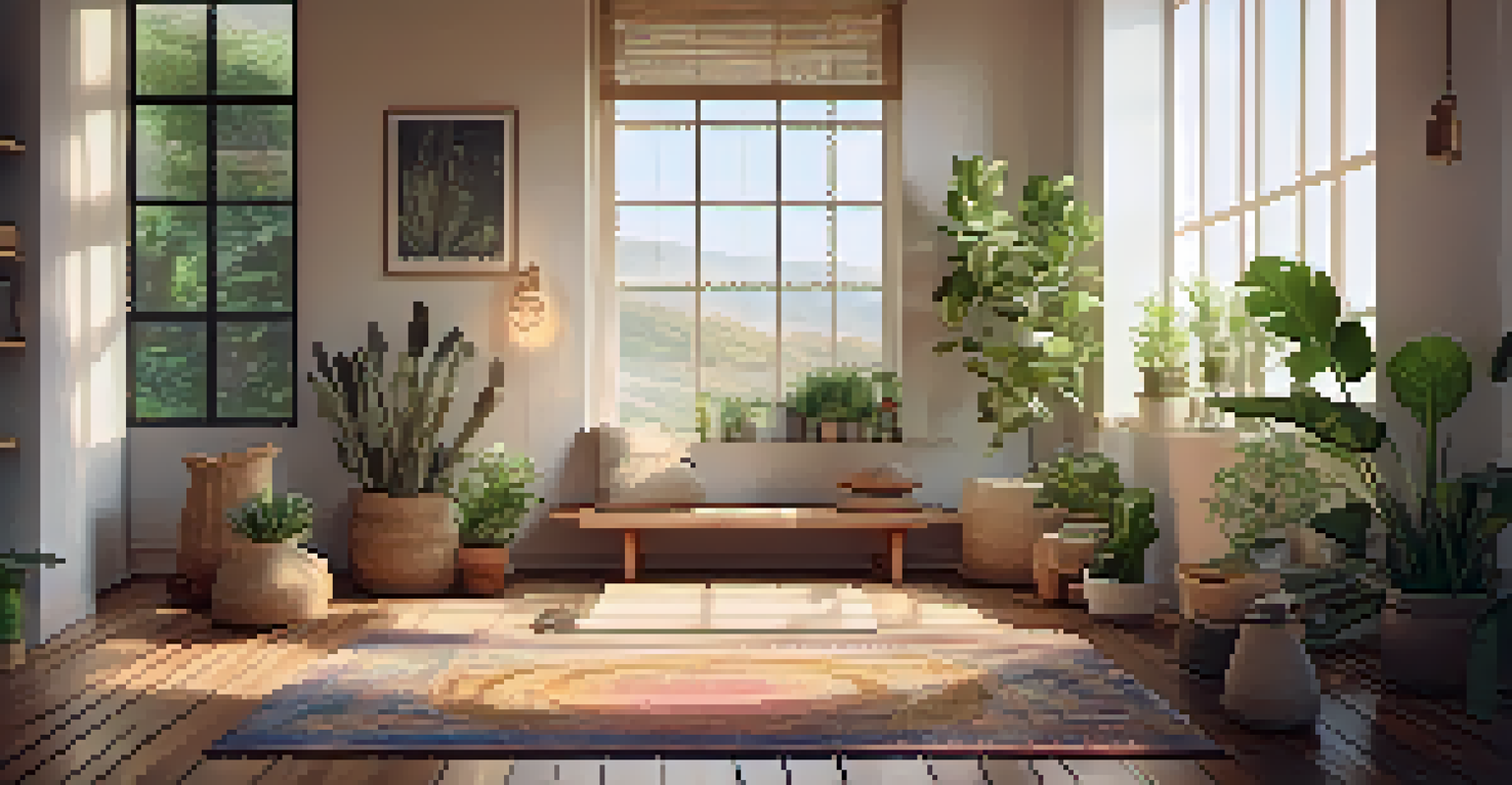A cozy meditation space with a cushion, plants, and candles, illuminated by natural light.