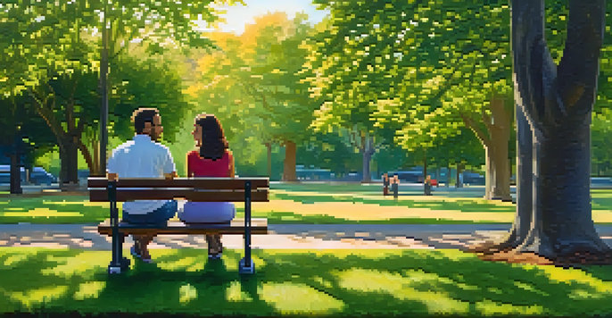 Two people of diverse backgrounds sitting on a park bench in conversation, surrounded by trees and flowers, in warm sunlight.