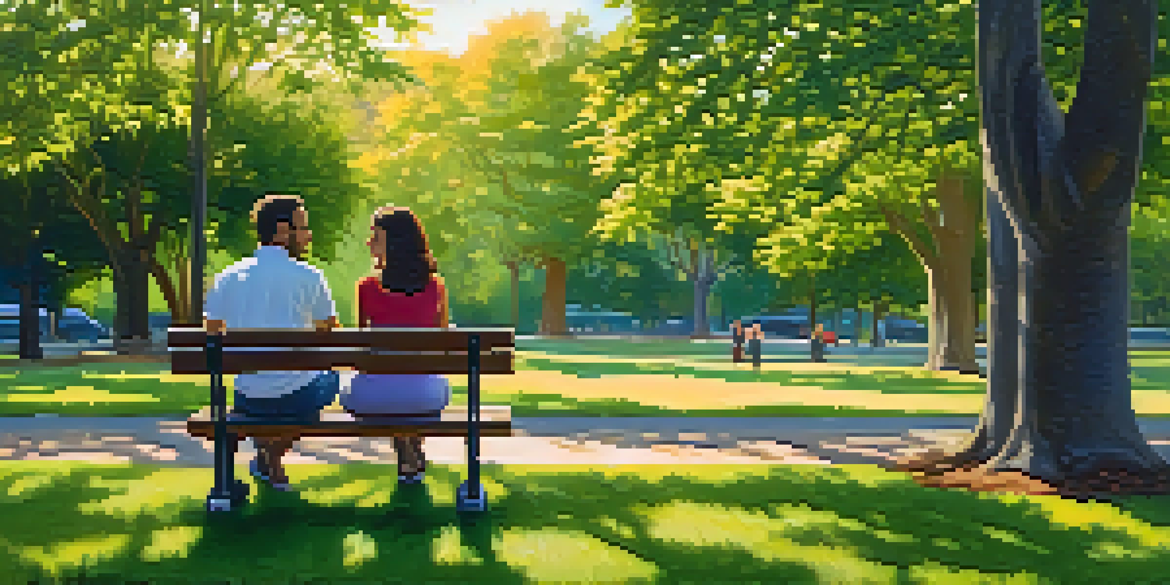 Two people of diverse backgrounds sitting on a park bench in conversation, surrounded by trees and flowers, in warm sunlight.