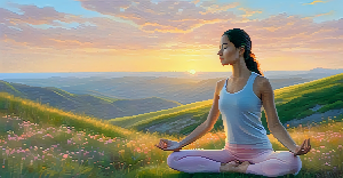 A woman practicing yoga on a grassy hilltop at sunrise with colorful sky and wildflowers.
