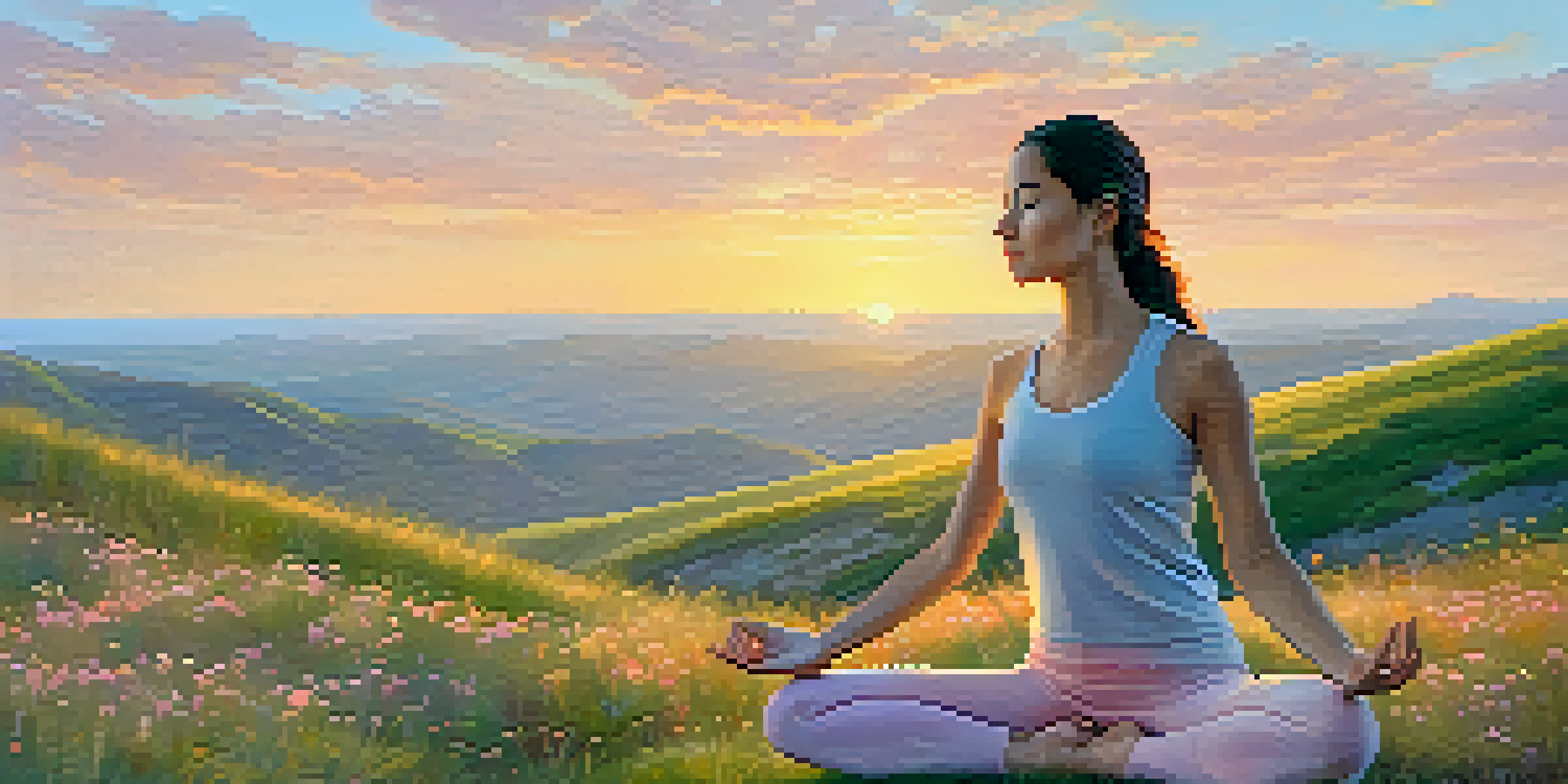A woman practicing yoga on a grassy hilltop at sunrise with colorful sky and wildflowers.