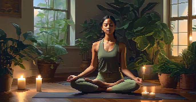 A person sitting cross-legged on a yoga mat in a softly lit room, practicing deep breathing surrounded by plants and candles.