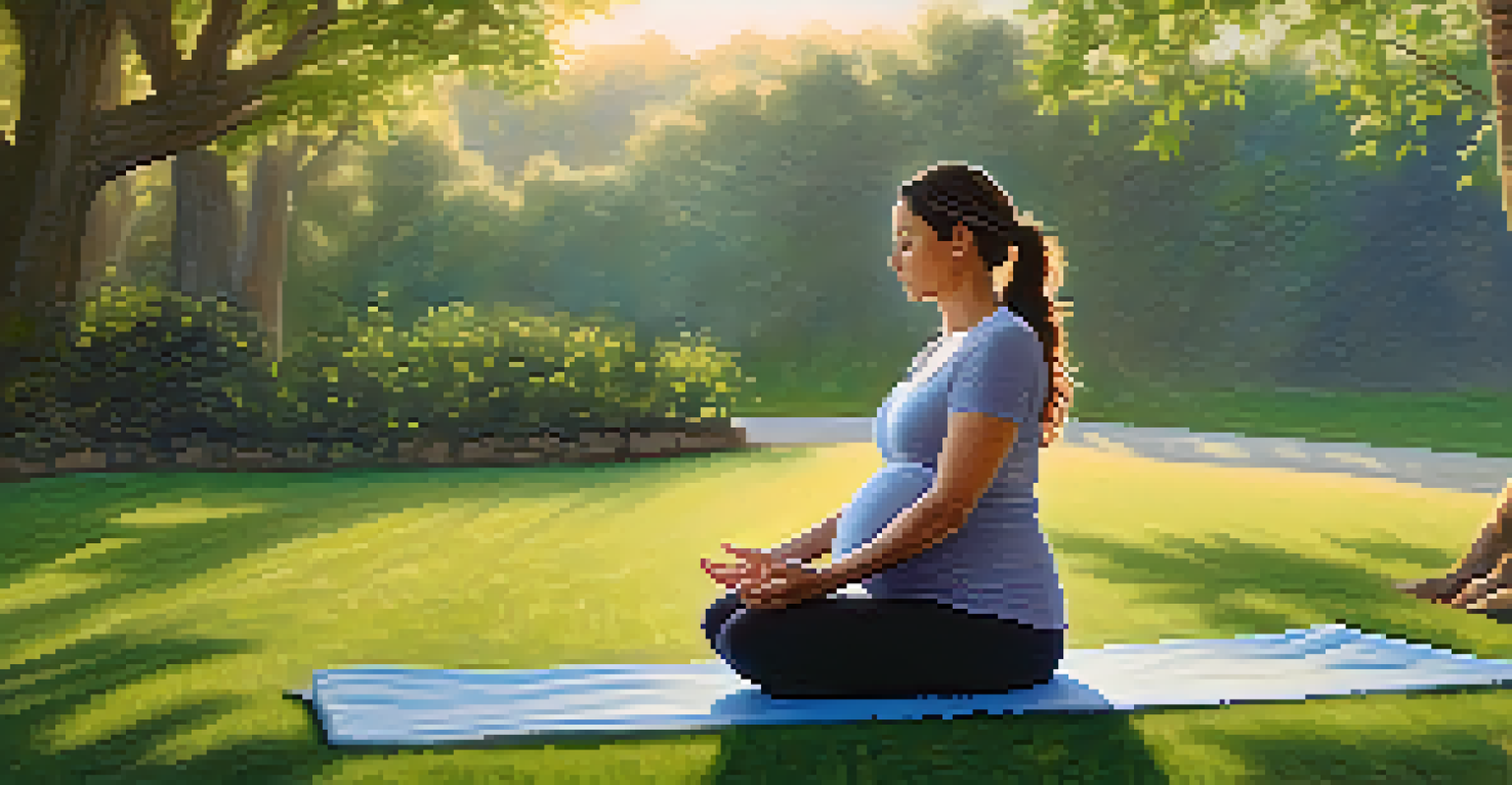 A pregnant woman practicing yoga outdoors in a peaceful park setting.