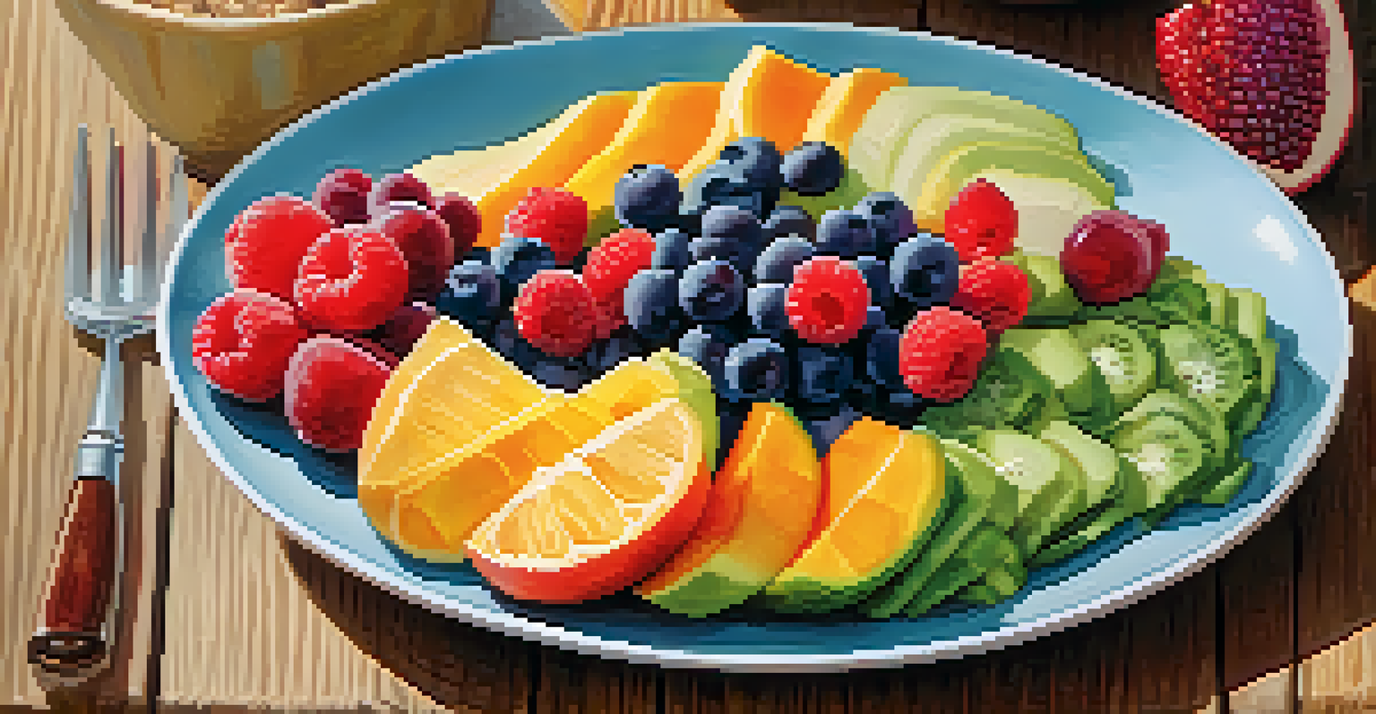 A vibrant plate of healthy foods, including fruits, vegetables, and grains, arranged colorfully on a wooden table.