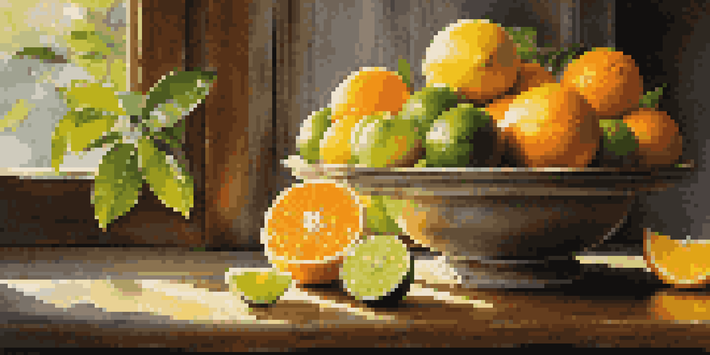 A colorful display of citrus fruits like oranges, lemons, and limes on a wooden table, illuminated by sunlight.