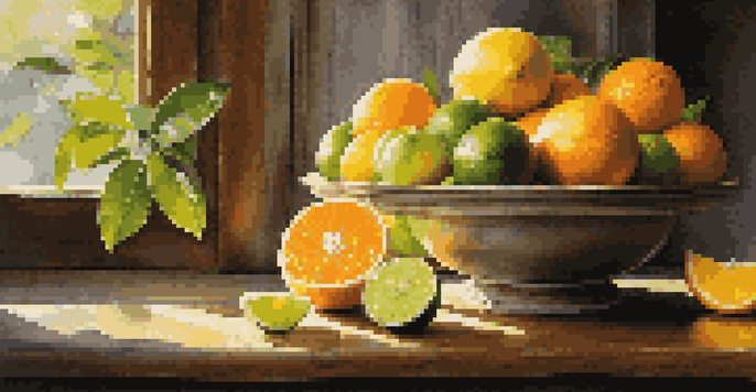 A colorful display of citrus fruits like oranges, lemons, and limes on a wooden table, illuminated by sunlight.