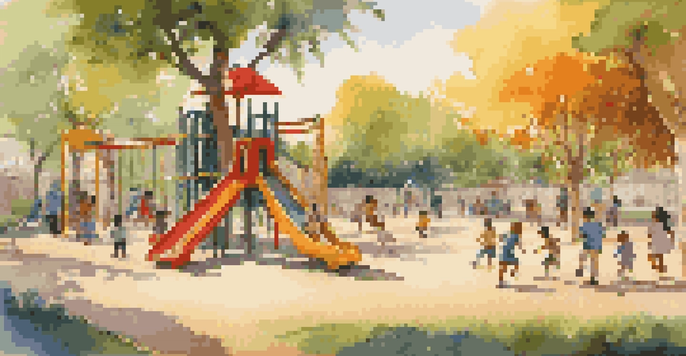 Children of different ethnicities play joyfully in a sunny playground, climbing on jungle gyms and running on the grass.