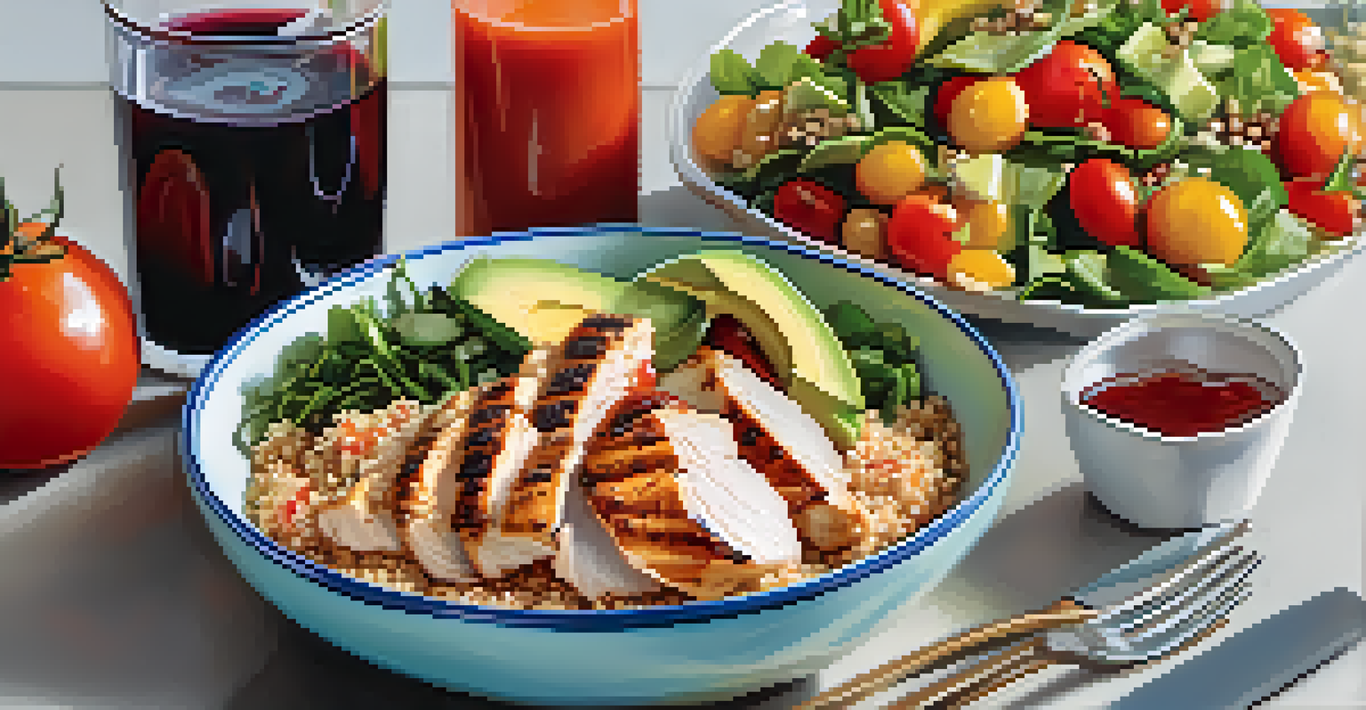 A healthy meal with quinoa, chicken, vegetables, and an electrolyte drink, arranged nicely on a table.