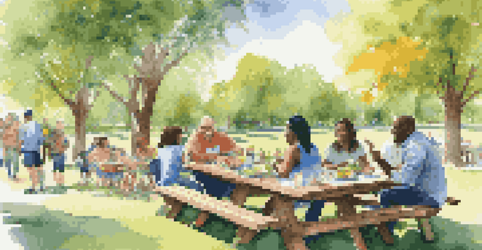 A diverse group of individuals engaged in discussion at a picnic table in a sunny park, surrounded by trees and flowers.