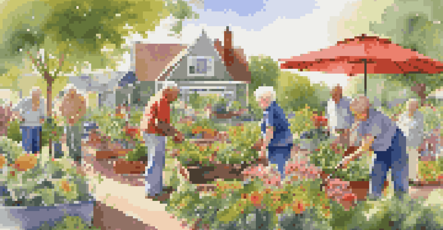 Older adults gardening together in a community garden, planting flowers and vegetables under the bright afternoon sun.