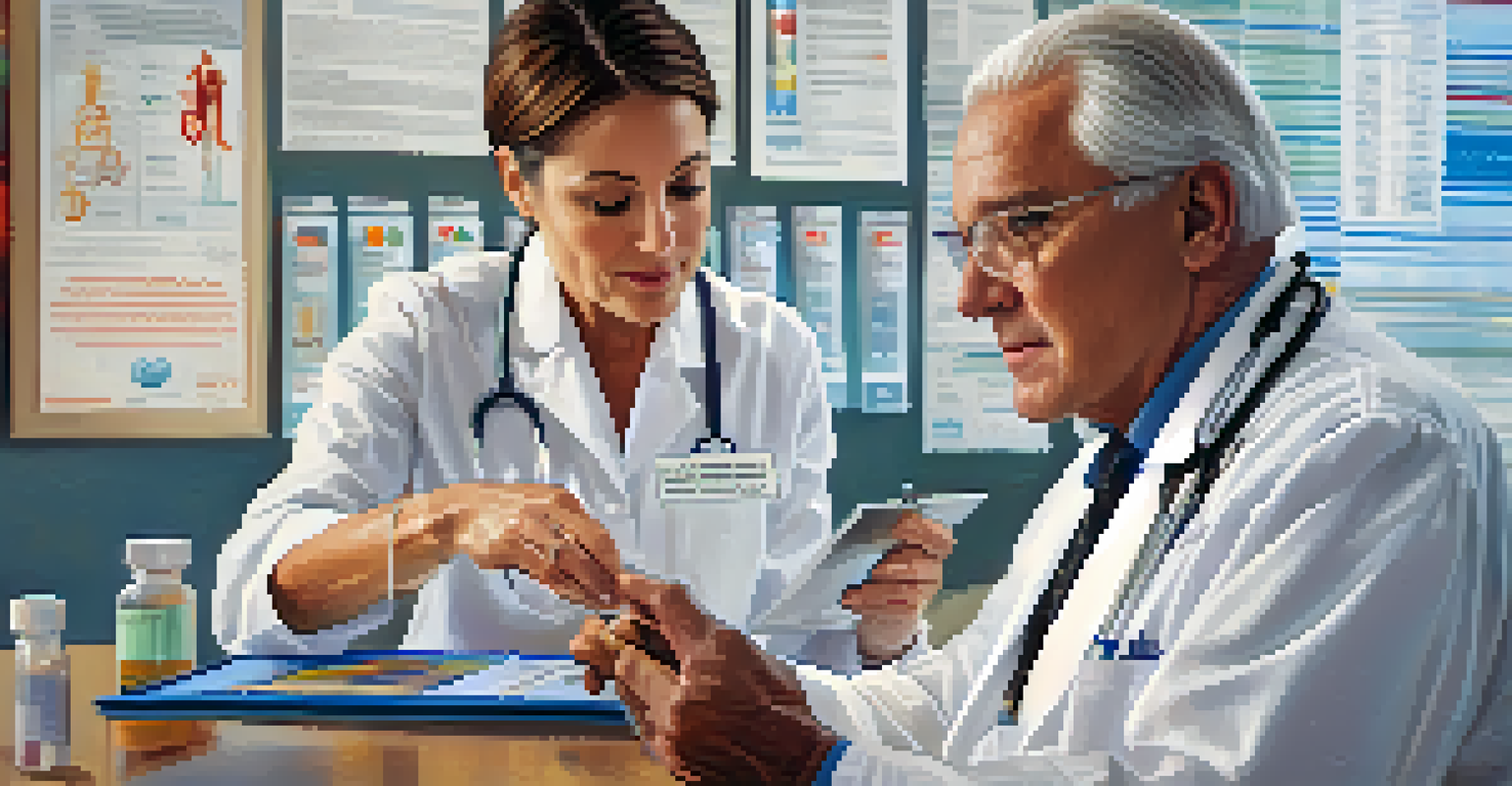 A healthcare provider explaining medication instructions to a patient using visual aids in a warm, supportive setting.