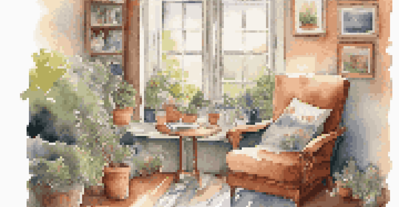 A cozy room with an armchair, a cup of tea, and art supplies, illuminated by natural light from a window overlooking a garden.