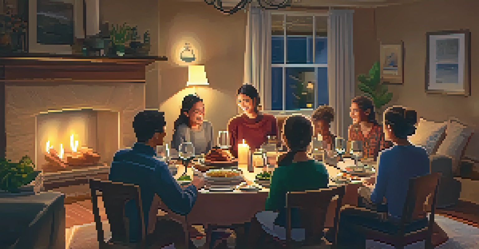 A family enjoying a tech-free dinner in a cozy living room, surrounded by candles and food.