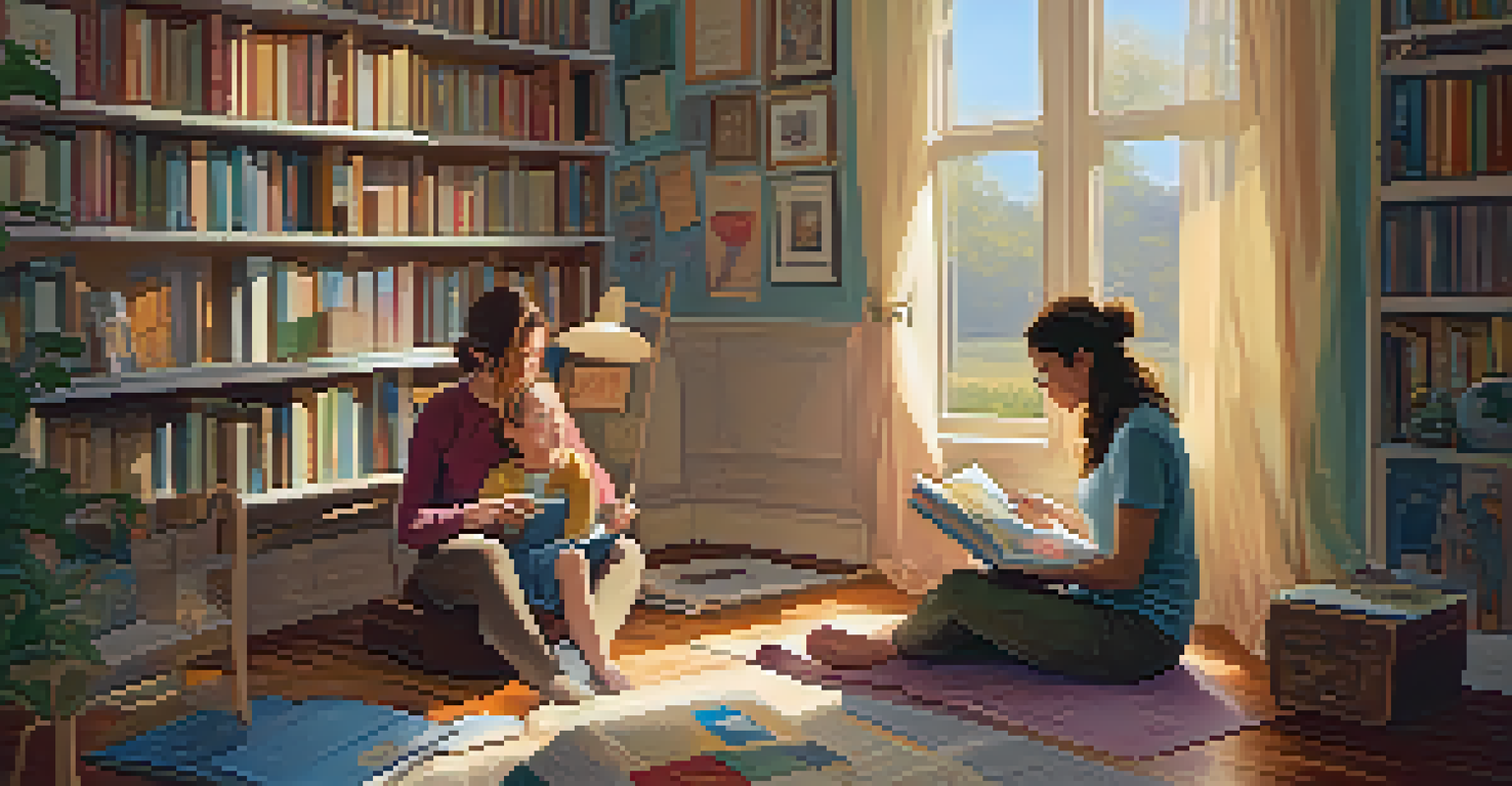 A mother reading to her daughter in a cozy room filled with educational materials about gender equality and health.