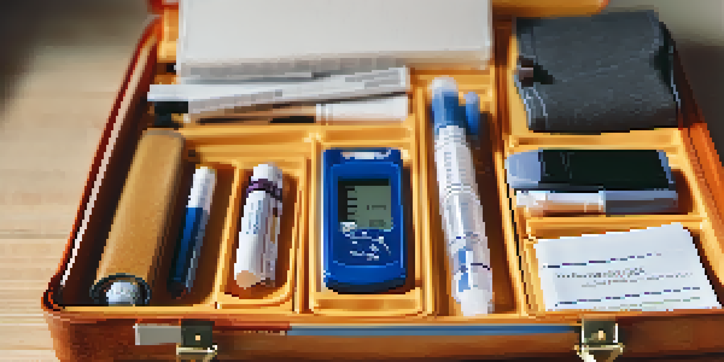 A diabetes management kit with glucose meter, test strips, and insulin pen on a softly blurred background.