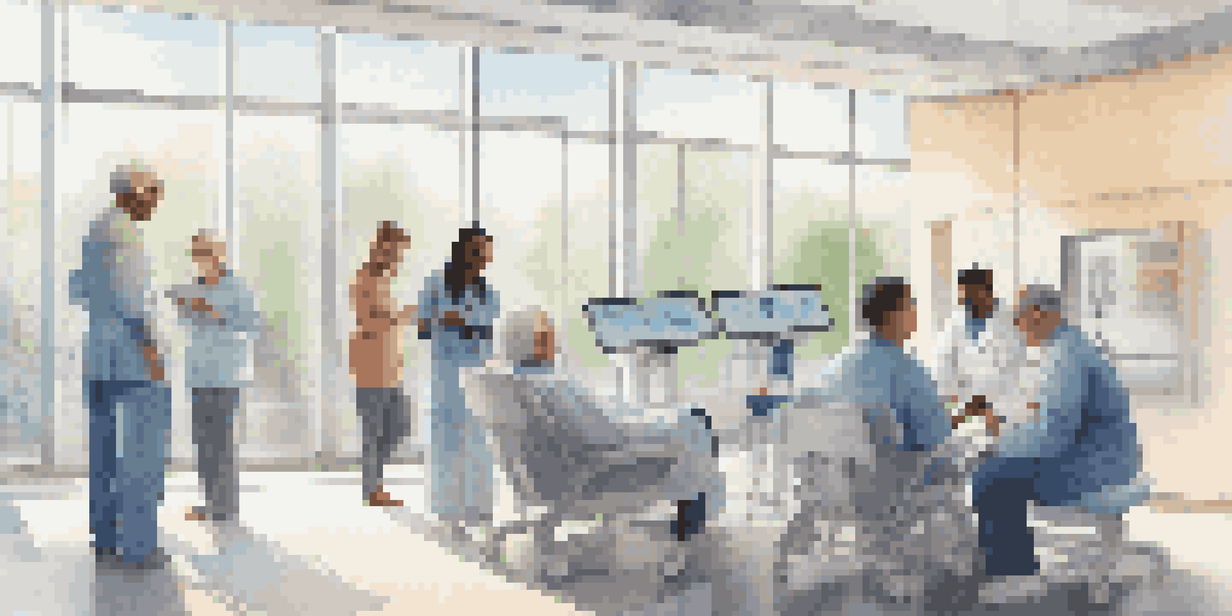 A diverse group of patients in a modern healthcare setting, interacting with AI technology on a tablet.