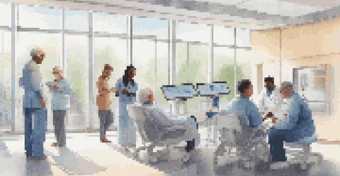 A diverse group of patients in a modern healthcare setting, interacting with AI technology on a tablet.