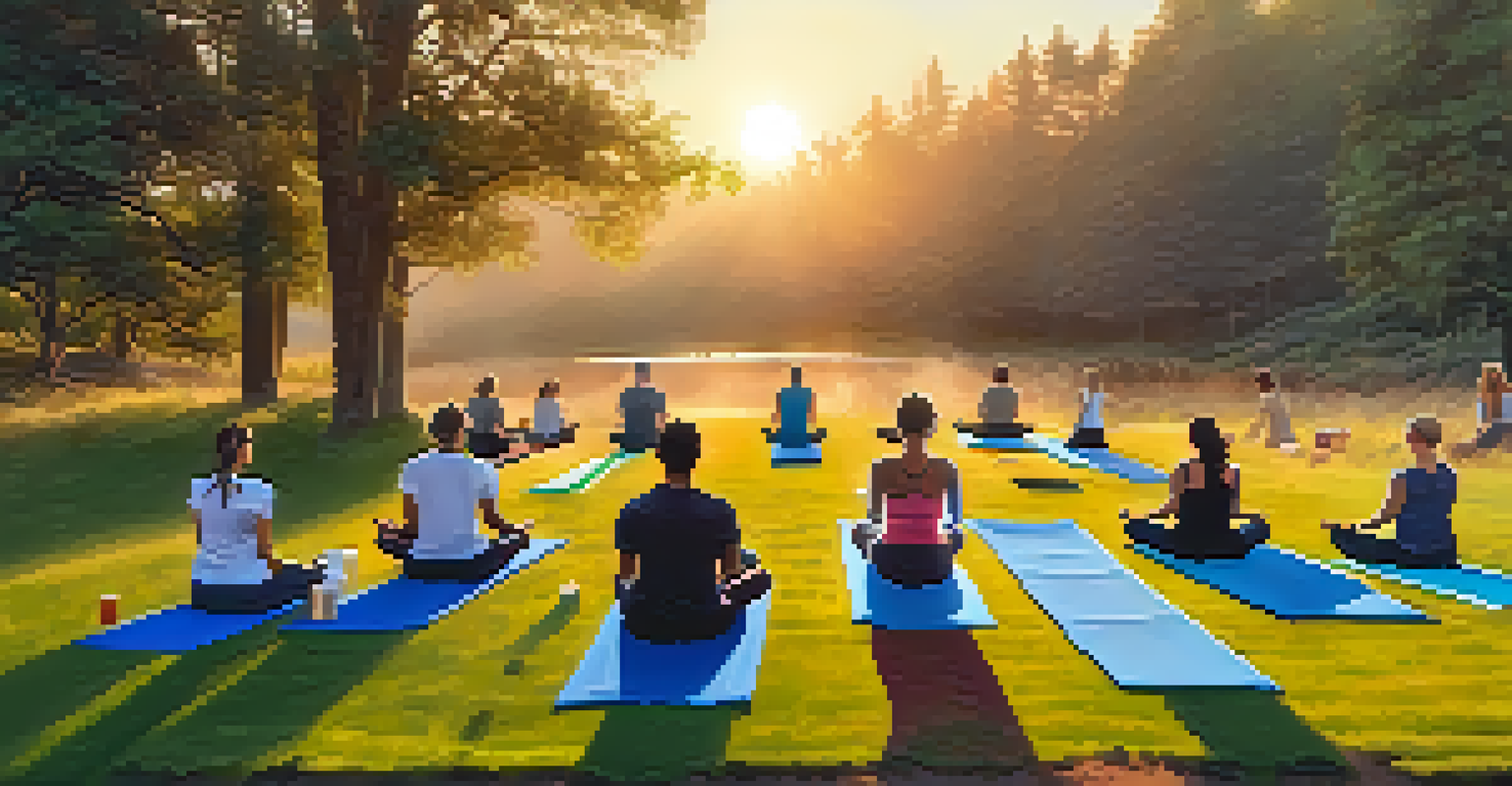 Participants practicing yoga outdoors at sunrise with personal inhalers of essential oils beside them.