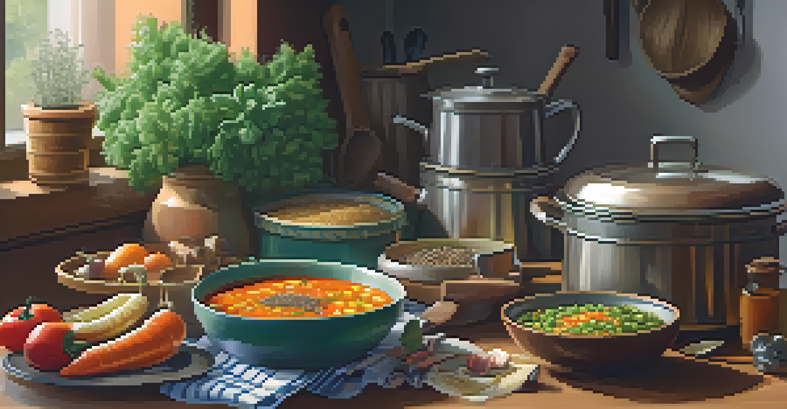 A kitchen with a pot of vegetable soup on the stove, surrounded by spices and herbs, representing home-cooked meals.