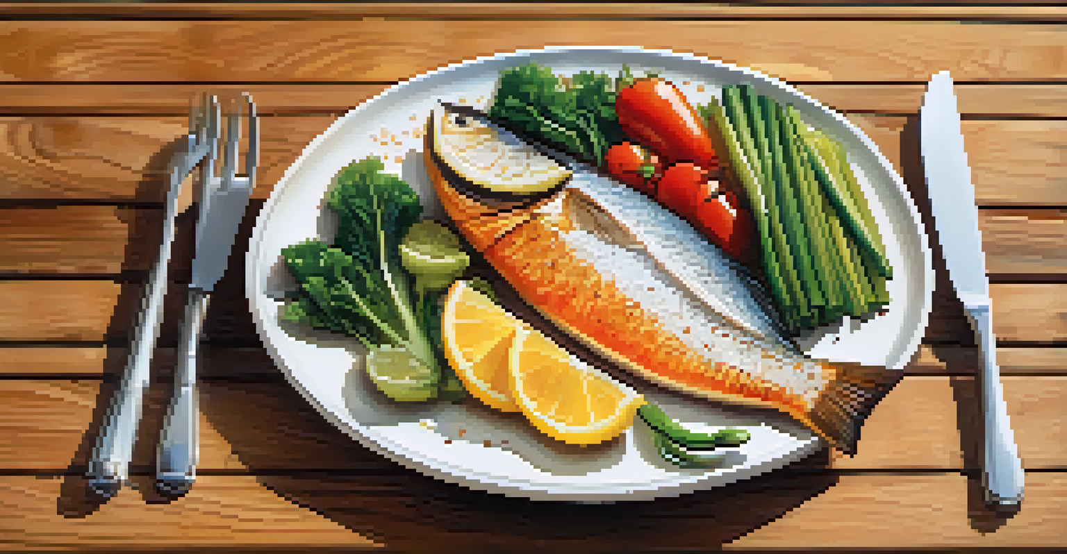 A close-up of a colorful healthy meal with vegetables, whole grains, and grilled fish, presented on a wooden table in soft light.