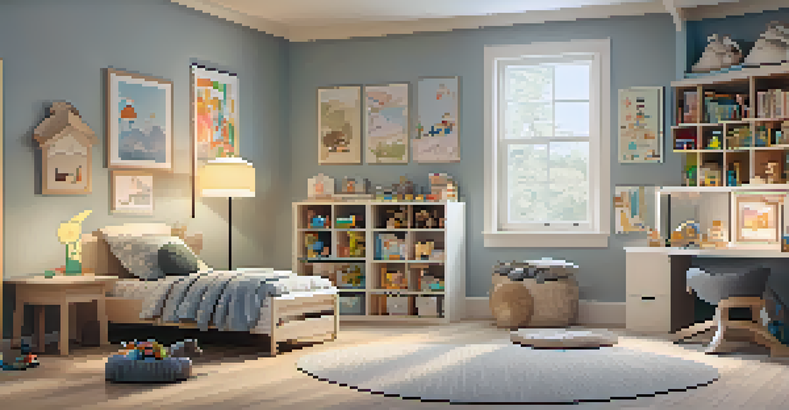 A calm and organized children's bedroom featuring soft lighting and a cozy reading nook, promoting relaxation.