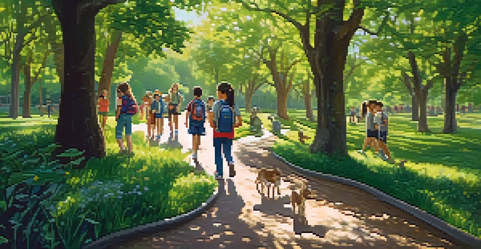 Middle school students walking through a vibrant park, enjoying nature and participating in a scavenger hunt, with sunlight filtering through the trees.