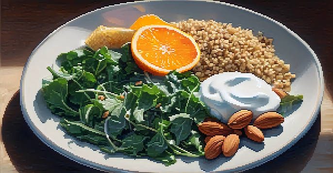 A healthy meal plate filled with leafy greens, orange slices, yogurt, almonds, and quinoa, all supporting bone health.