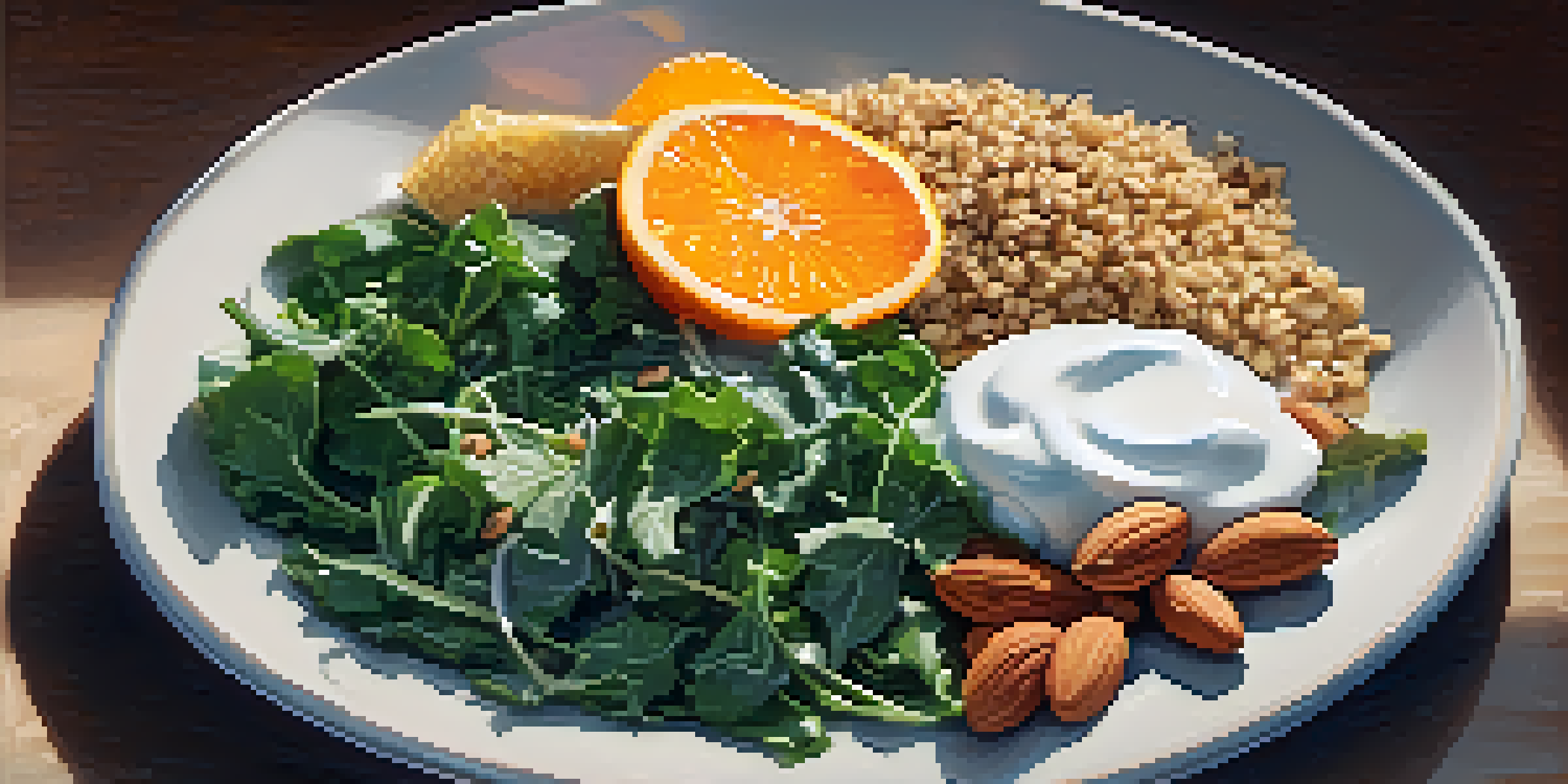 A healthy meal plate filled with leafy greens, orange slices, yogurt, almonds, and quinoa, all supporting bone health.