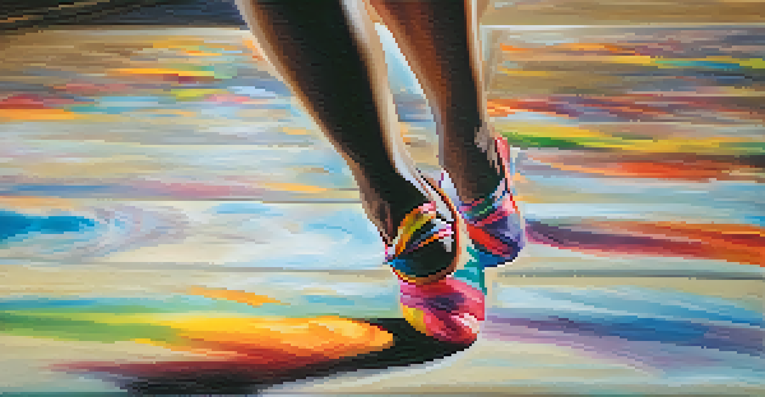 A close-up of a dancer's feet in motion, showcasing colorful dance shoes against a textured floor, representing freedom and expression.