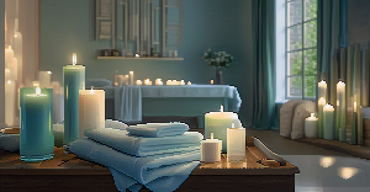A cozy spa room with a massage table, candles, and essential oil bottles, creating a peaceful atmosphere.