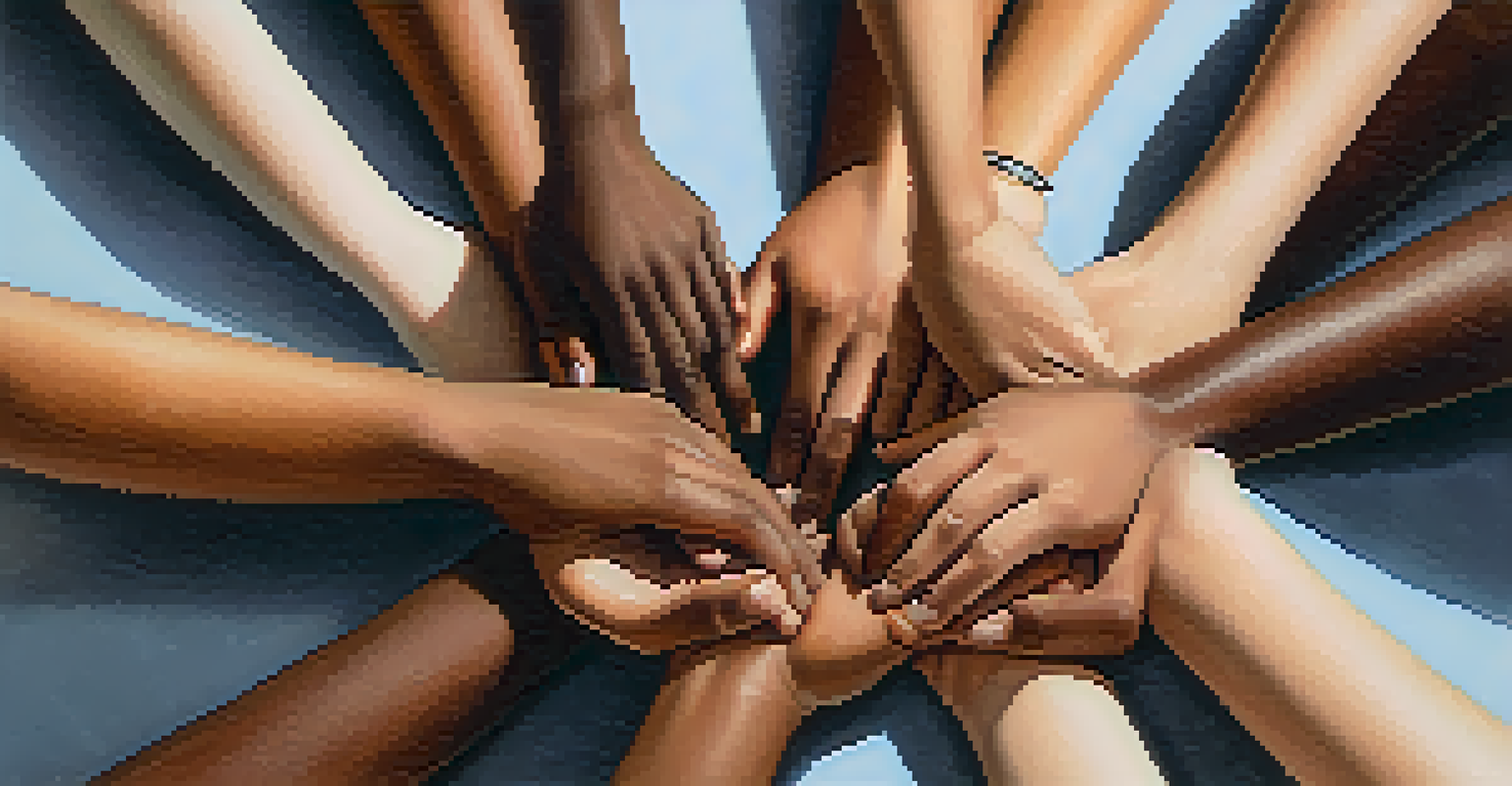 Close-up of diverse hands joined in a circle, symbolizing support and unity in a group therapy setting.