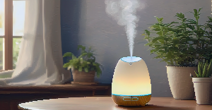 A cozy room with a diffuser releasing aromatic vapor, surrounded by plants and a cup of herbal tea, creating a calming environment.