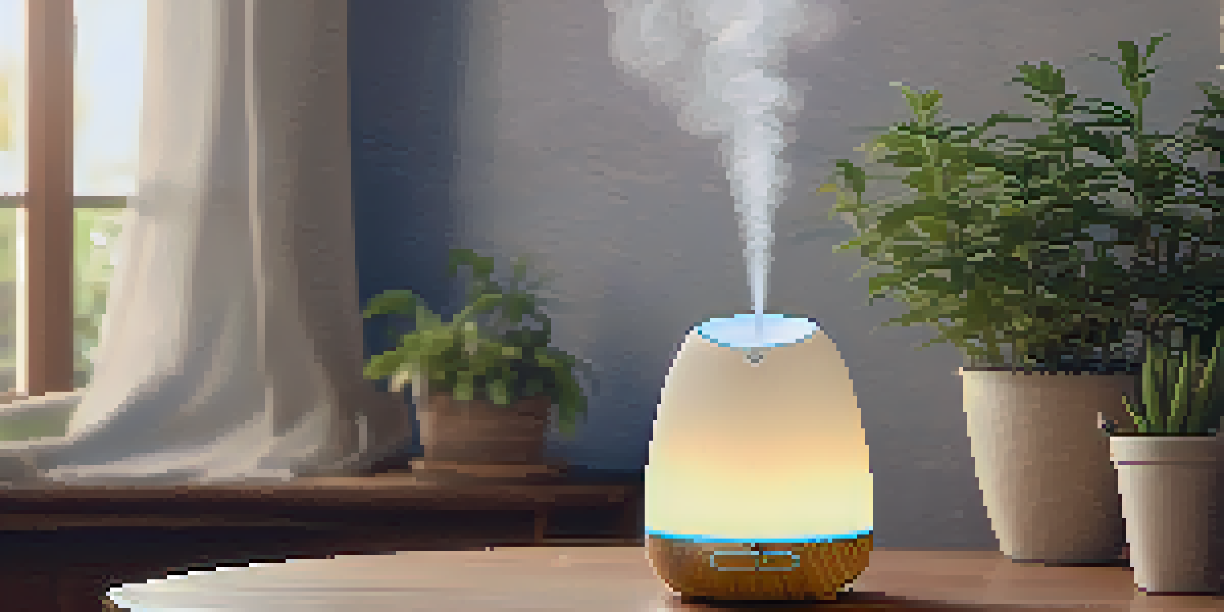 A cozy room with a diffuser releasing aromatic vapor, surrounded by plants and a cup of herbal tea, creating a calming environment.