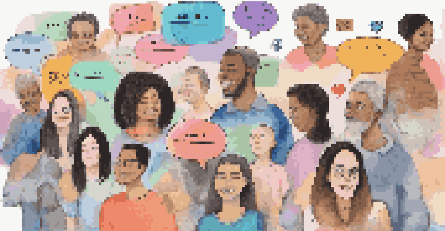 A collage of online interactions with speech bubbles and emotive emojis, illustrating supportive messages in a vibrant digital space.