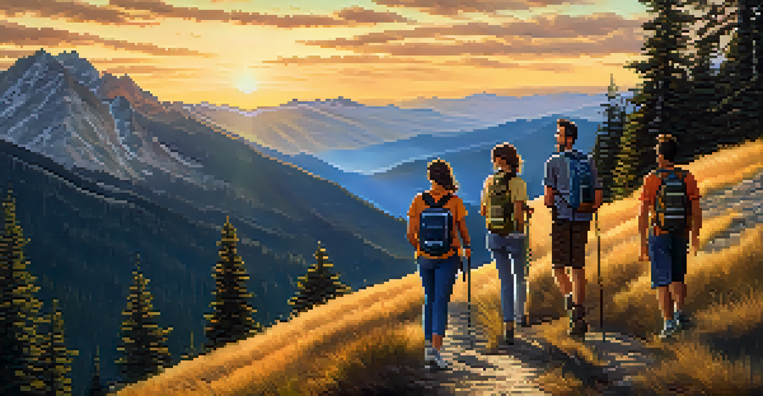 A group of friends hiking up a mountain trail with a stunning sunset view in the background, radiating warmth and joy.