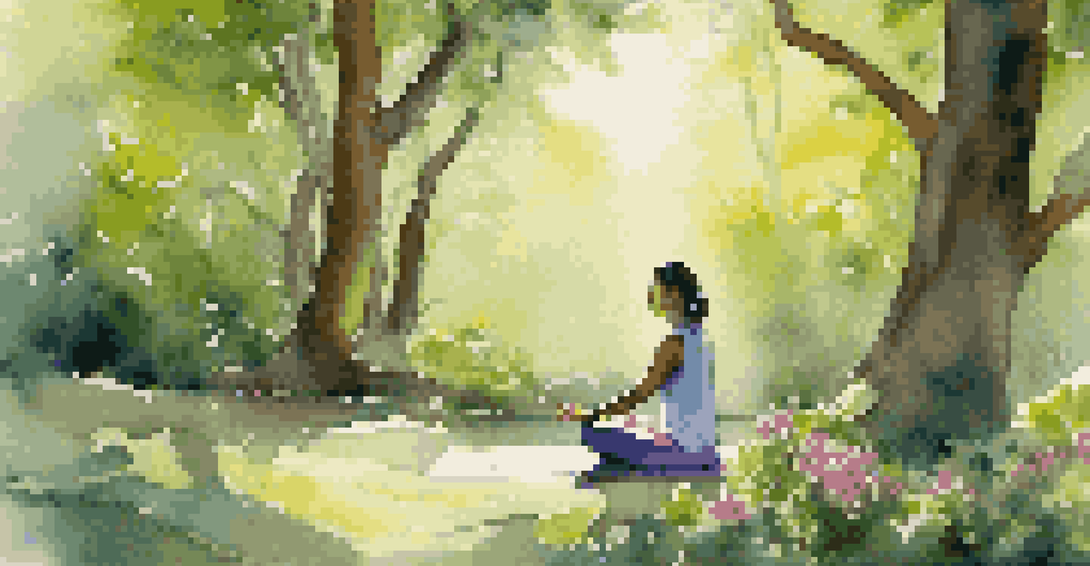 A person meditating outdoors on a yoga mat with essential oil bottles and nature surrounding them.