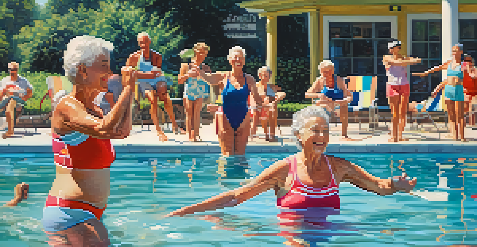 A group of seniors enjoying a water aerobics session in an outdoor pool under bright sunlight, with kickboards and plants in the background.