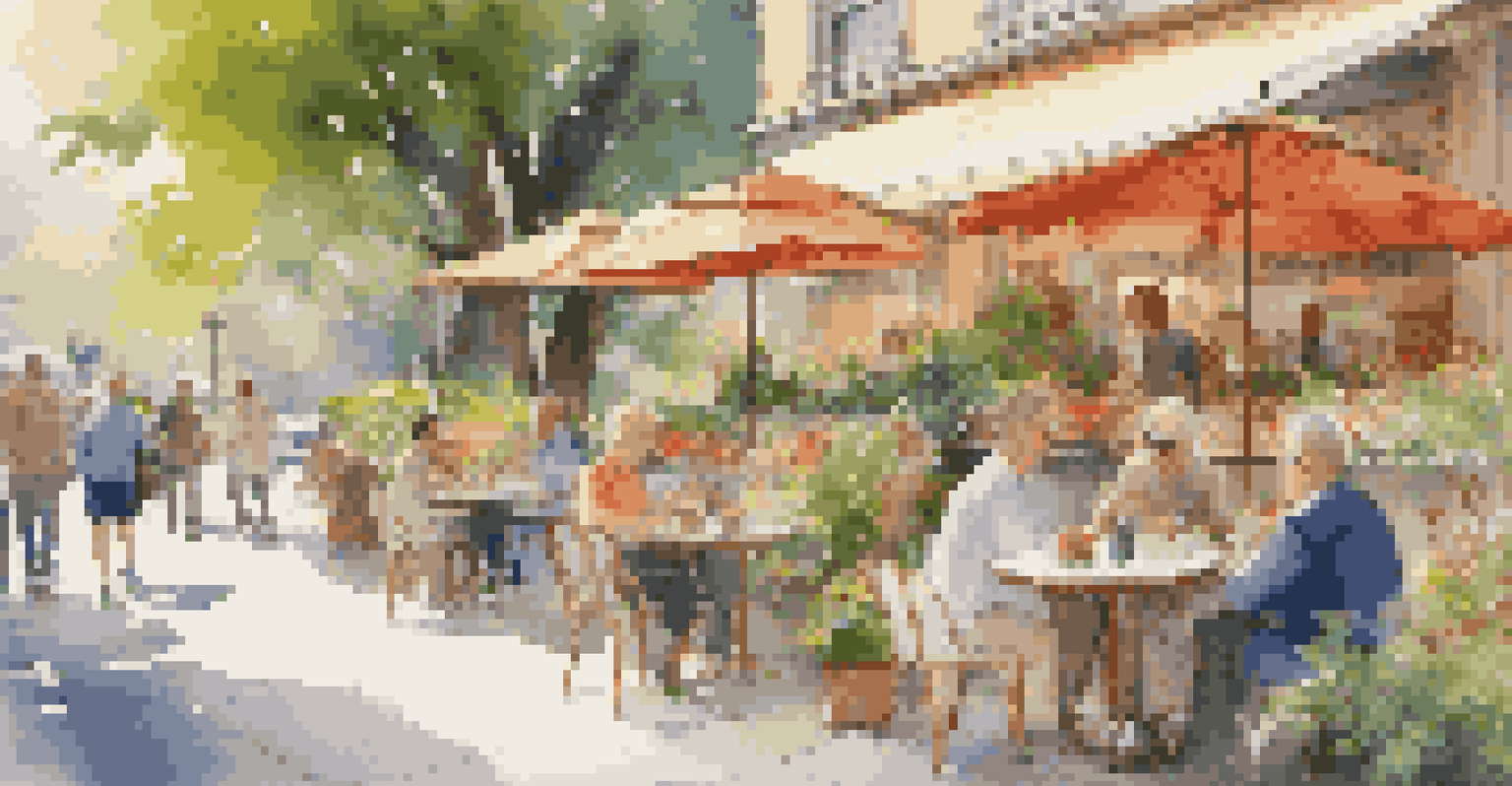 A cozy café terrace with outdoor seating, featuring a wheelchair ramp and people enjoying their time.