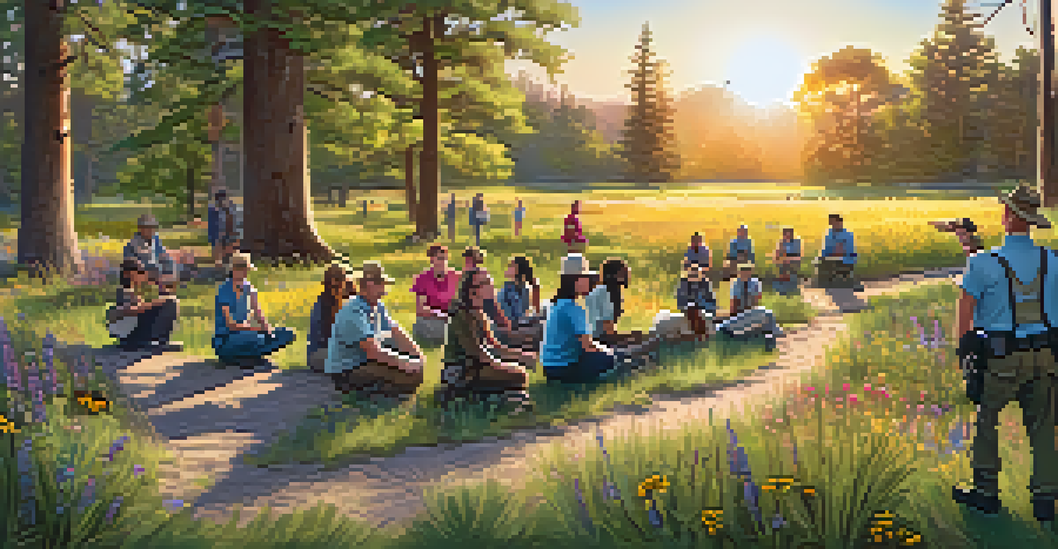 A park ranger leading a wildlife safety workshop outdoors, with participants engaged in learning about animal tracks.