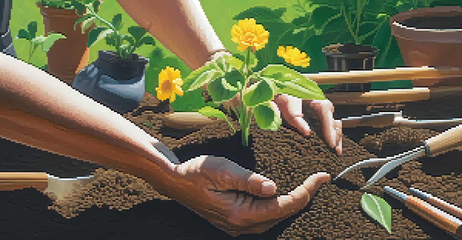 Close-up of hands planting a seedling in soil with flowers in the background.