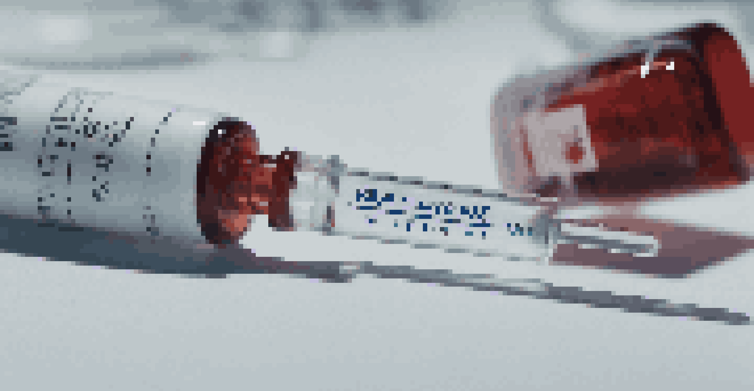 A close-up of a syringe with a vaccine, placed on a white surface, with blurred medical equipment in the background.