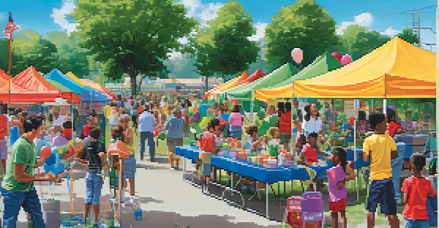 A community health fair with families enjoying activities, colorful booths, and greenery in the background.