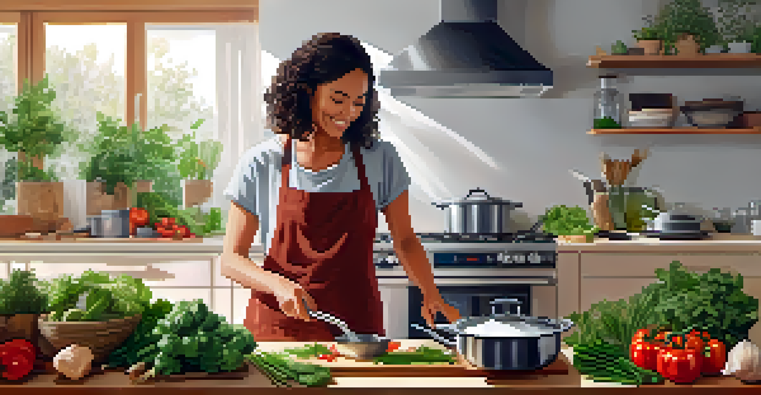 A person practicing mindfulness in a cozy kitchen while chopping fresh vegetables, surrounded by colorful ingredients in warm lighting.