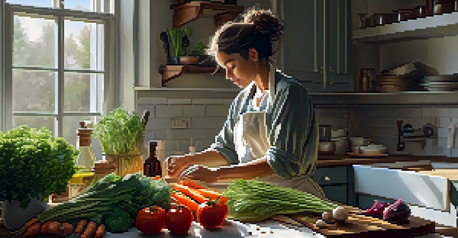 A kitchen with fresh ingredients and a person chopping vegetables, filled with warm sunlight creating a peaceful atmosphere.