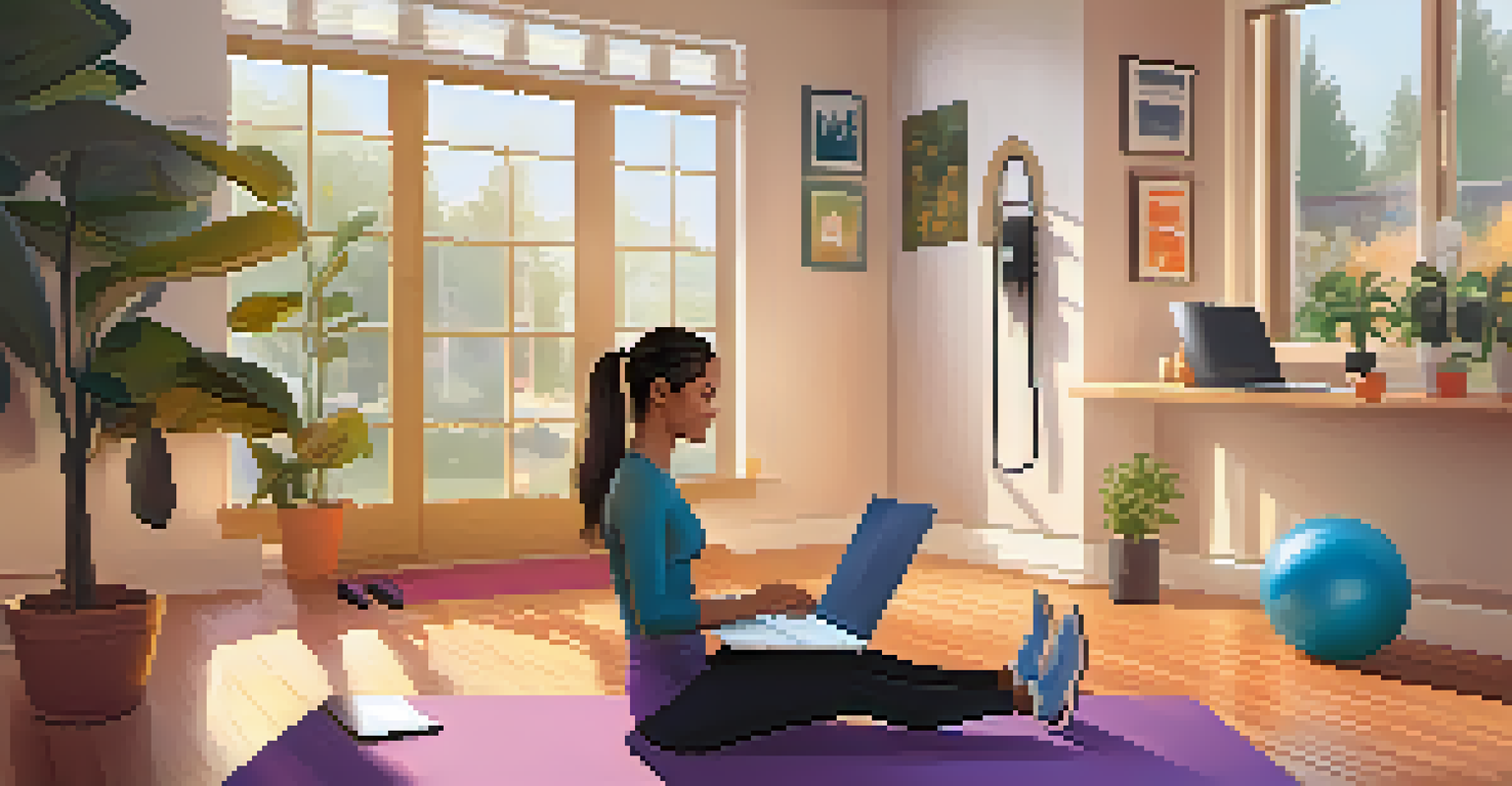 A person smiling while participating in a virtual fitness class on a laptop in a cozy home environment, surrounded by exercise equipment.